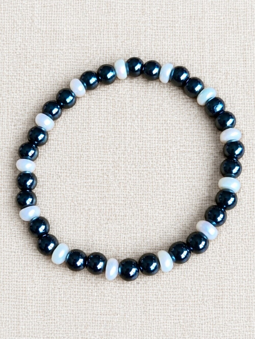 Fresh Water Pearls & Gray Hematite Beaded Stretch Bracelet | Handmade